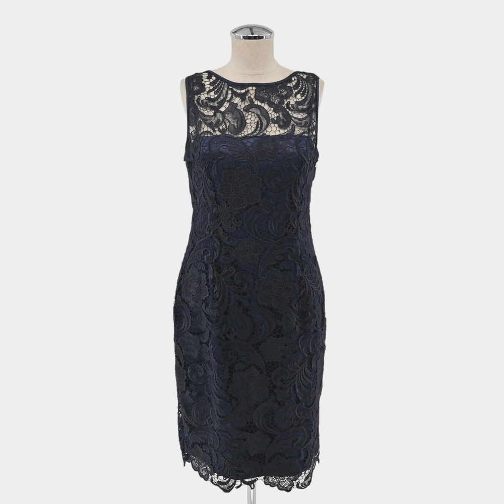 Adrianna Papell Lace Sheath Dress Womens Size 6 Navy Blue Floral Cocktail Party - Picture 1 of 12